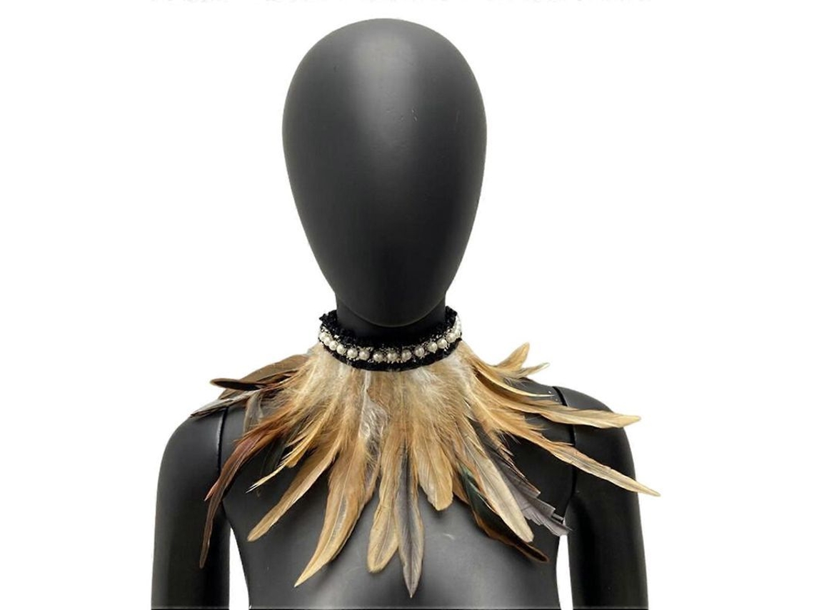 Bufanda De Plumas Falsas Com Perlas Decorativas Suave E Ajustável Com Cinta De Renda Colar Gótico Retrô Para Festa De Cosplay Marrón
