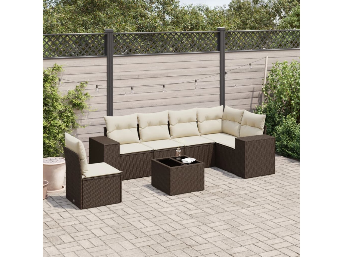 Vidaxl 7 Pcs Conjunto De Sofás Jardim C/ Almofadões Vime Pe Castanho