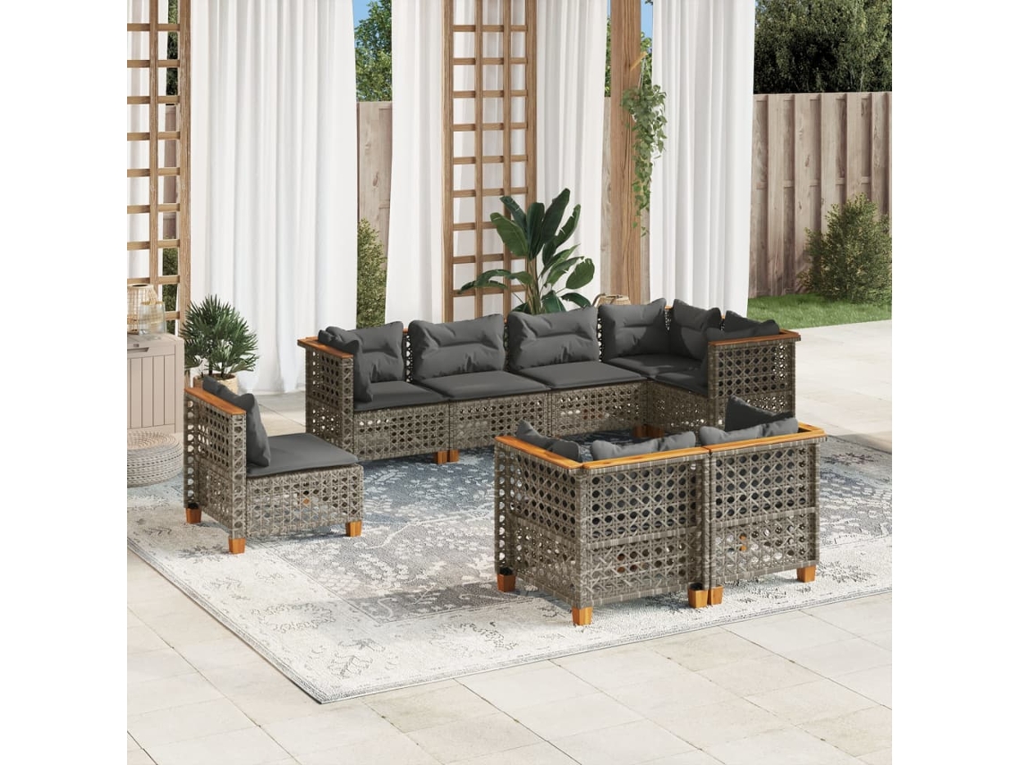 8 Pcs Conjunto Sofás De Jardim C/ Almofadões Vime Pe Cinza Dkd Home Decor