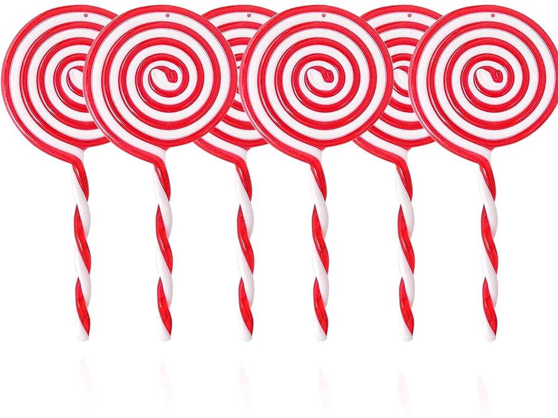6 Peças de Enfeites de Pirulito de Natal de Plástico Branco e Vermelho para Pendurar Enfeites de Árvore de Natal para Festas