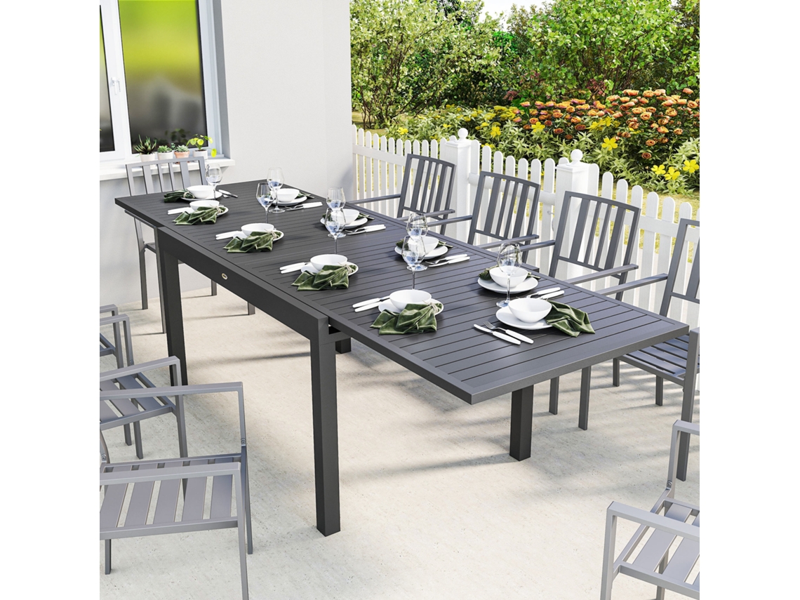 Mesa De Jantar Externa Extensível 135 A 270 Cm, 6 A 10 Lugares, Alumínio E Ripas Cinza Escuro