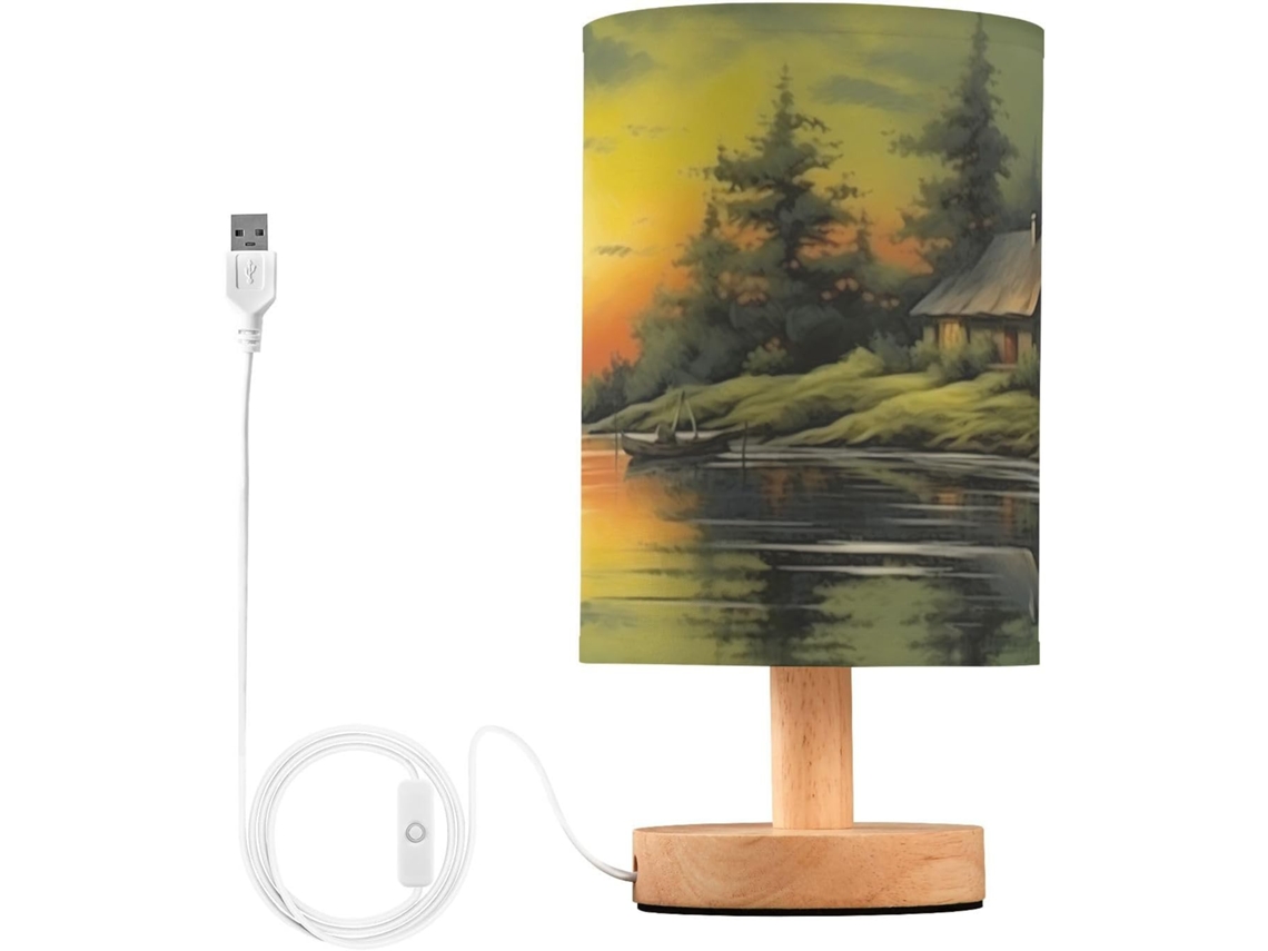 Luminária De Cabeceira Led Usb Pequena Skyshu House In Lake Com Base Madeira Antiderrapante E Cúpula Que Não Ofusca Os