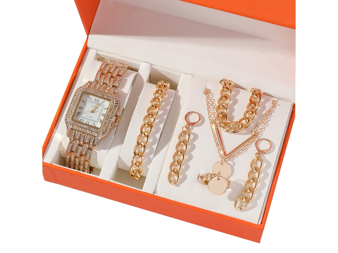 Conjunto de Presente Feminino com Relógio de Pulseira de Malha e Caixa Laranja SPQMENT