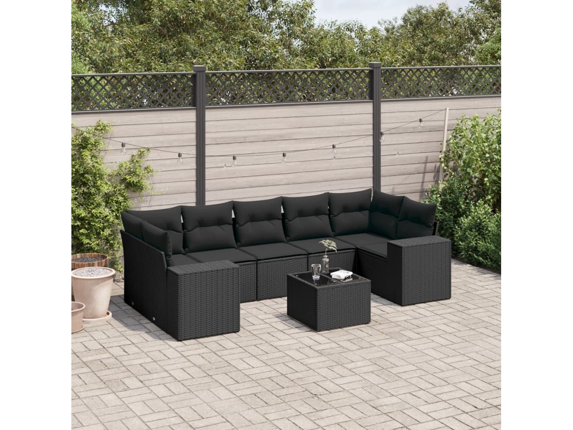 Vidaxl 8 Pcs Conjunto Sofás De Jardim Com Almofadões Vime Pe Preto