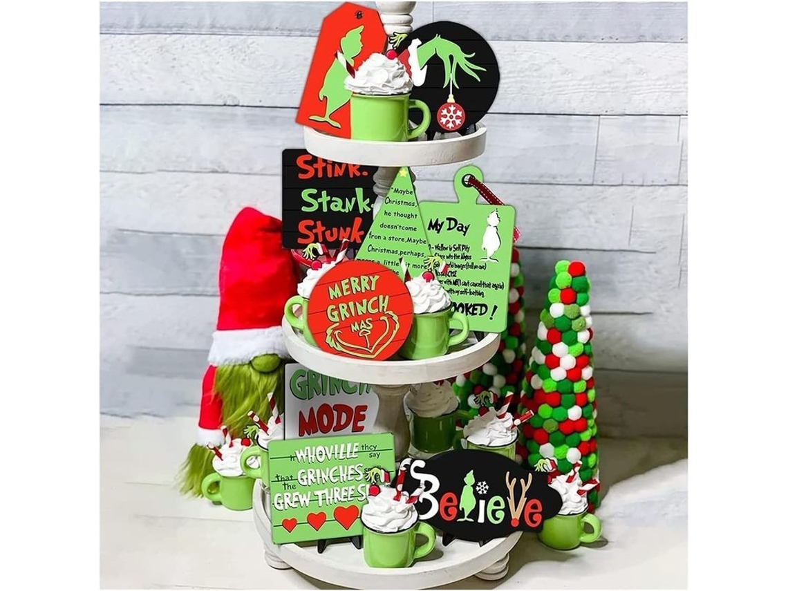Conjunto de Decoração de Bandeja em Camadas Grinch 9 Peças Sinal de Madeira Rustico Natal S/MARCA