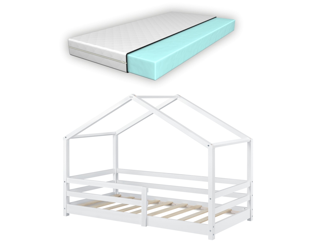Cama Infantil Estilo Cabana Com Colchão Estrado De Ripas E Grade De Proteção Em Madeira De Pinho Branco 80 X 160 Cm 03_0005473