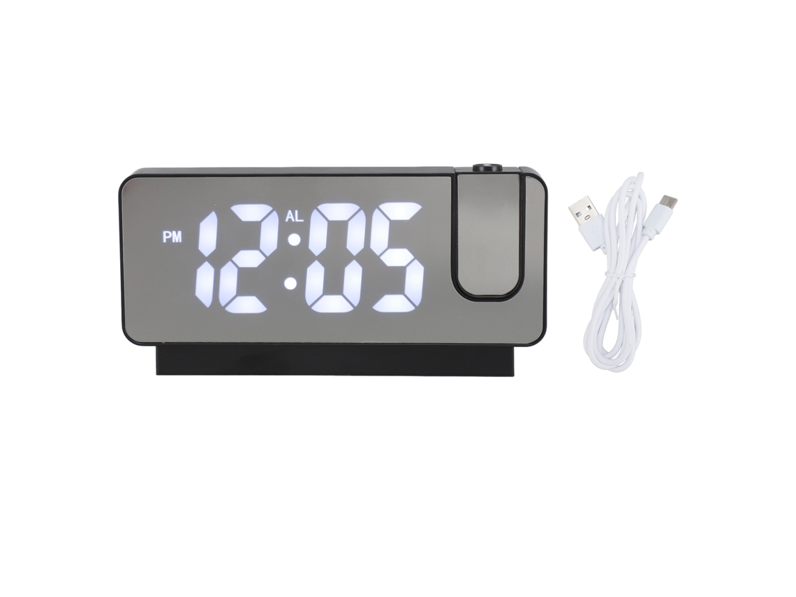 Despertador Proyección Usb Recargable Luz Blanca Función Snooze Brillo Ajustable Led Espejo Digital Negro