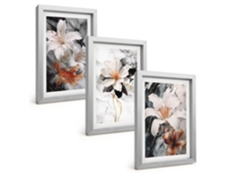 Composição De Quadros Flores, Mármore Branco E Preto Espelharte (3 Peças 20x30 Cm)