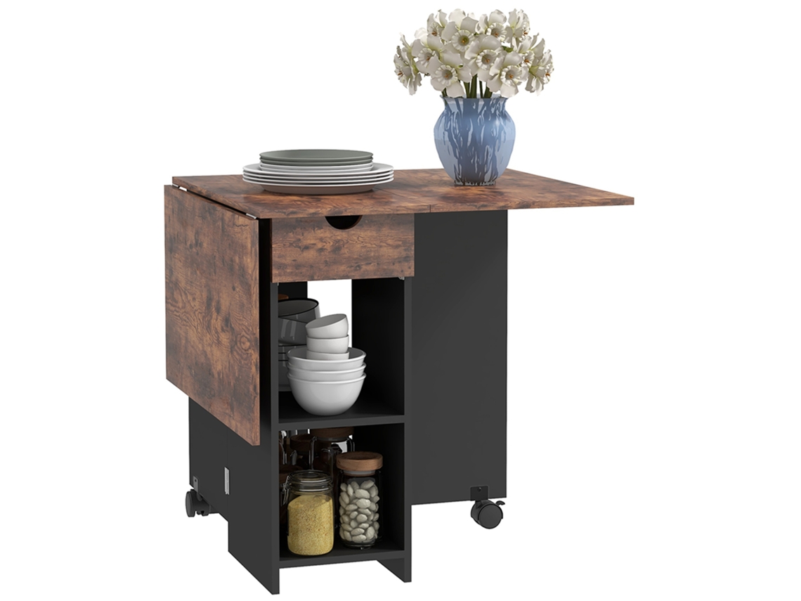 Mesa Dobrável de Cozinha com Rodas, Gaveta e Prateleiras para 2-4 Pessoas 120x72x75 Cm Marrom Preto | S/MARCA