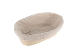 Cesto oval comprido de rattan para fermentação de massa de pão, feito à mão, com forro de linho.