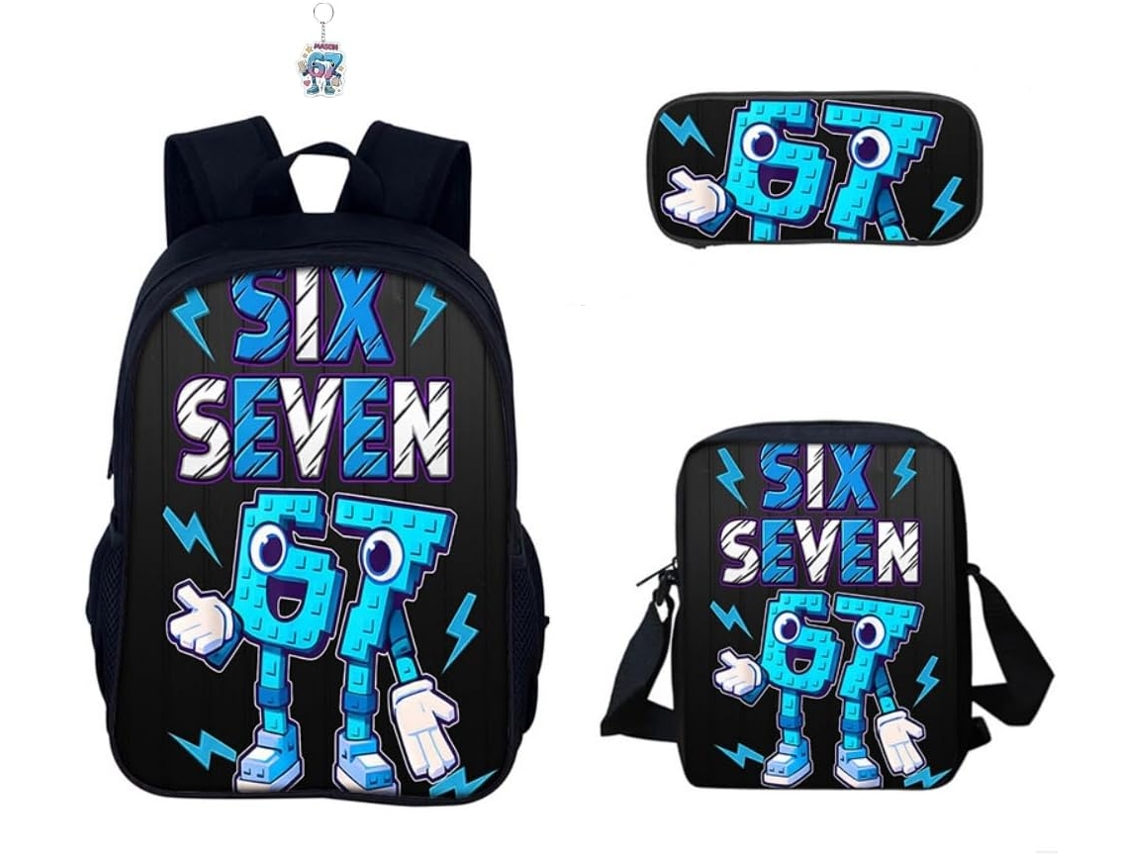Conjunto 3 Mochilas Six Seven Com Estampa 3d De Desenho Animado Chaveiros, 40,6 Cm, Lancheira Alta