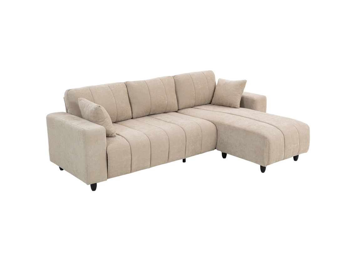 Sofá de Canto em L 3 Lugares Chaise Longue Reversível 242x156x87cm com 2 Almofadas, Estofado em Linho, Bege S/MARCA