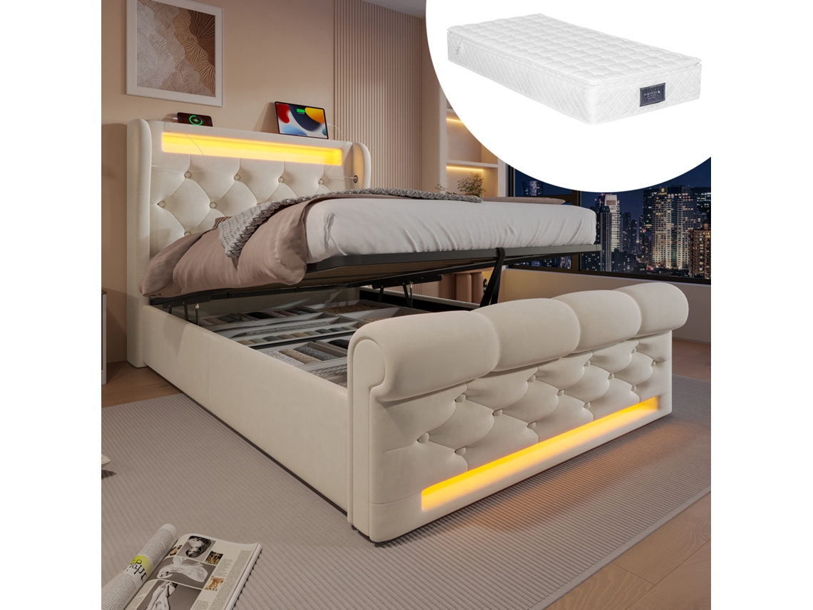 Camas ROLIPO com Arrumação e Led 90x200cm Bege