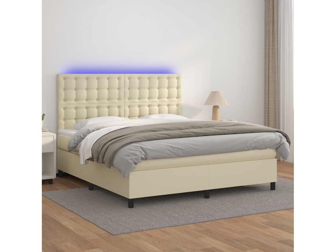 Vidaxl Cama Box Spring C/ Colchão/led 180x200cm Couro Artificial Creme