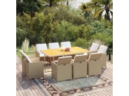 Vidaxl 11 Pcs Conjunto Jantar P/ Jardim C/ Almofadões Vime Pe Bege