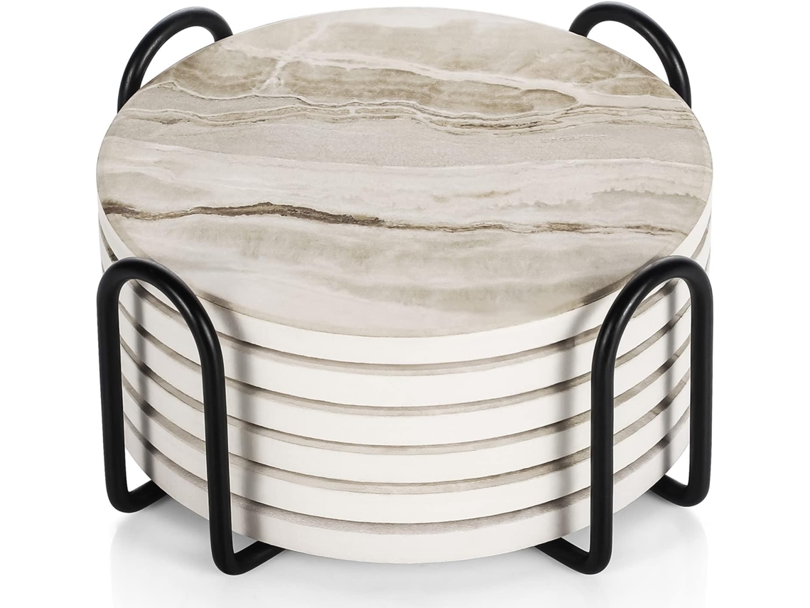 Conjunto De 6 Bases Para Copos – Bases Para Copos – Efeito Mármore – Decoração De Casa – Cerâmica – Preto