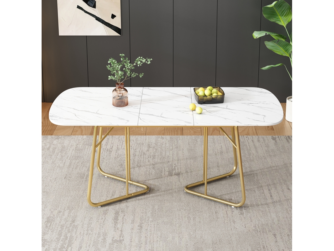 Mesa Extensível 140/180×80cm Estrutura Imitação Mármore Branco Pés Metálicos Dourados Luxuosa Para 4-6 Pessoas