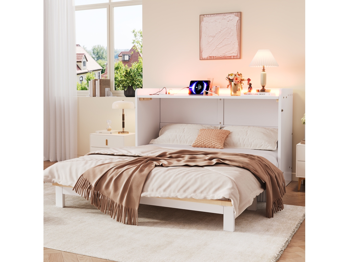 Cama 140x200cm Com Gavetas Usb Tomada Led Prata Branca Sem Colchão