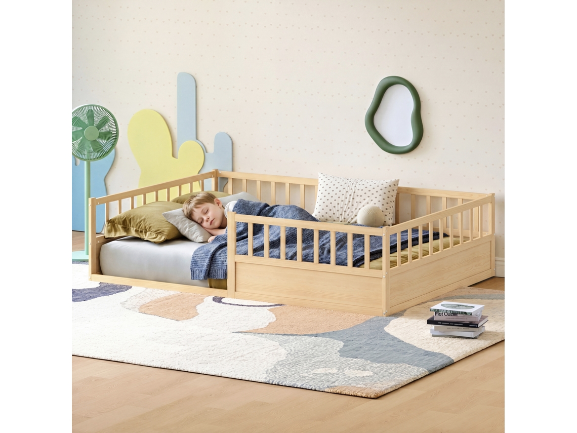 Lit Montessori VSOGA 140x200 cm bois massif, au sol, barrière sécurité pin naturel