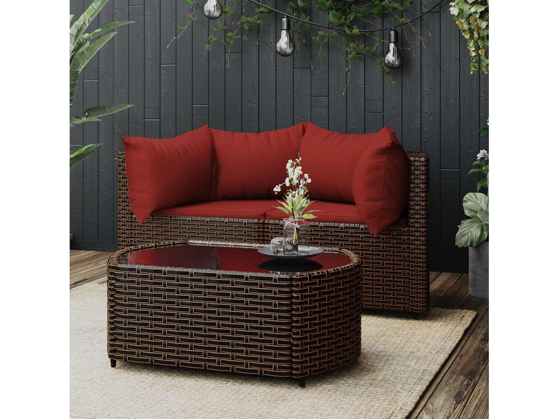 Vidaxl 3 Pcs Conjunto Lounge Jardim C/ Almofadões Vime Pe Castanho