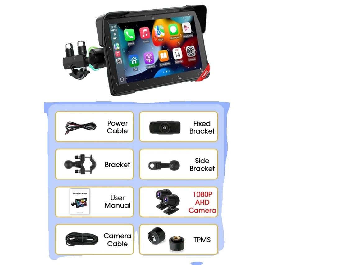Painel Digital De Moto, Tela De 7 Polegadas, Suporte A Carplay E Android Auto, Dvr Tpms