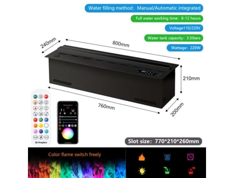 Lareira Elétrica 3D com Vapor de Água e LED, Decoração de Chama, Parede da TV com Som de Lenha a Crepitar, Lareira Elétrica Inteligente para Casa
