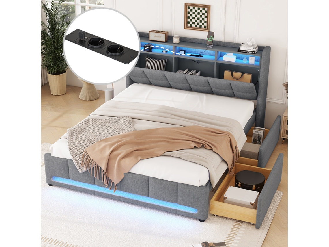 Cama Box 140x200 Cm Sem Colchão Led App Gavetas Tomadas Usb Linho Cinza