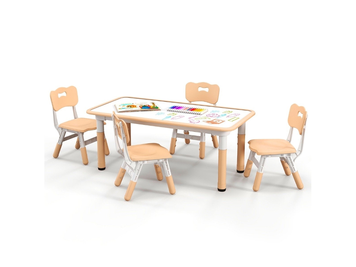 Conjunto Infantil NORTHIO com mesa, 4 cadeiras, tampo para desenho e altura regulável, natural