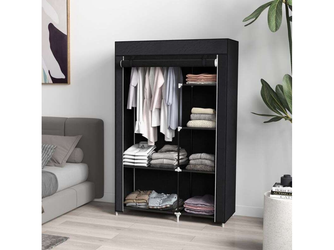 Armário de Tecido Portátil, Aço e Pp, 6 Prateleiras, 1 Varão, Porta com Zíper, 103×43×162,5 Cm, Preto ZIWEI STORE