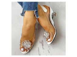 Sandálias de salto wedge transparentes com flores e strass para mulheres verão praia festa Amarelo | S/MARCA