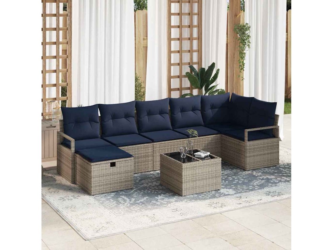 Vidaxl Conjunto De Sofás Manual 8 Pcs Cinza E Azul Marinho Vime Pe