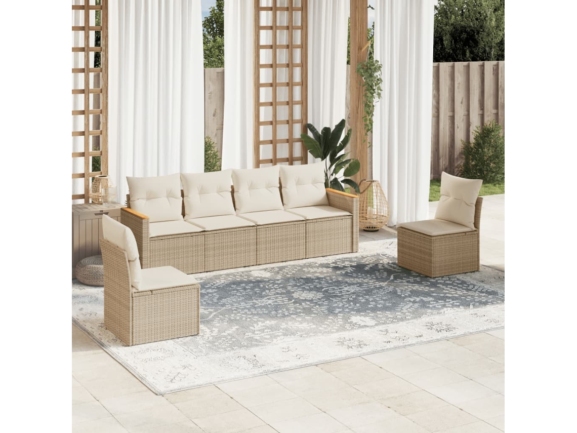 Vidaxl 6 Pcs Conjunto De Sofás P/ Jardim Com Almofadões Vime Pe Bege