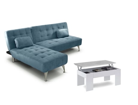 Oferta: Sofá-Cama Chaise Longue Xs Azul Mesa de Centro Branco e Cimento SALDOSYSTOCKS (198 x 75 x 146 cm)