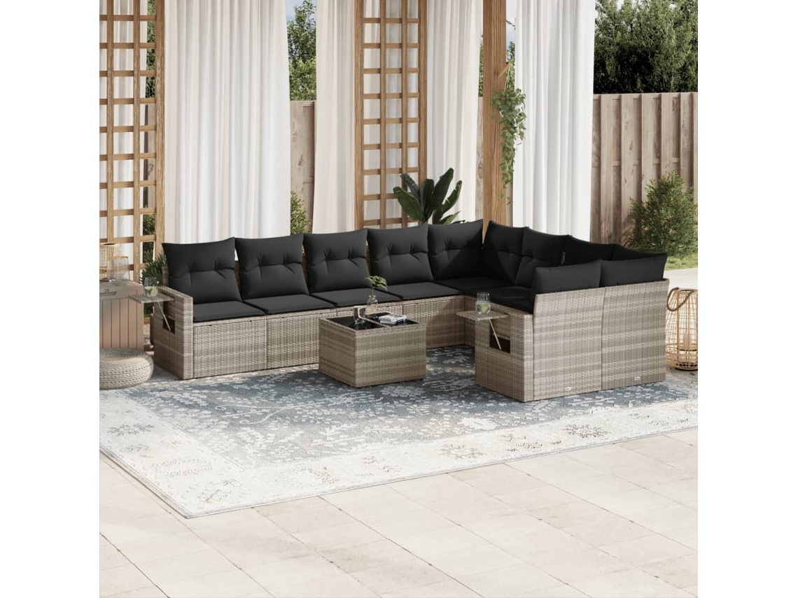 Vidaxl 10 Pcs Conj. Sofás Jardim com Almofadões Vime Pe Cinzento claro