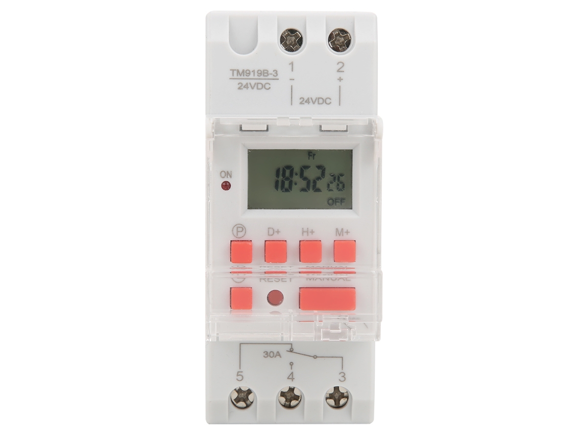 INTERRUPTOR TIMER PROGRAMÁVEL LCD 24V DC 30A CONTROLE SEMANAL 12/24H S/MARCA