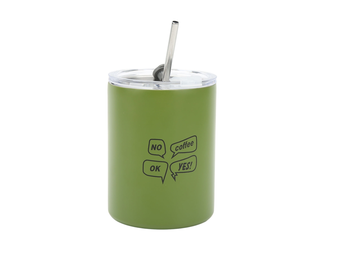 Caneca de Café Inox 320ml Isolada com Tampa e Canudo Verde