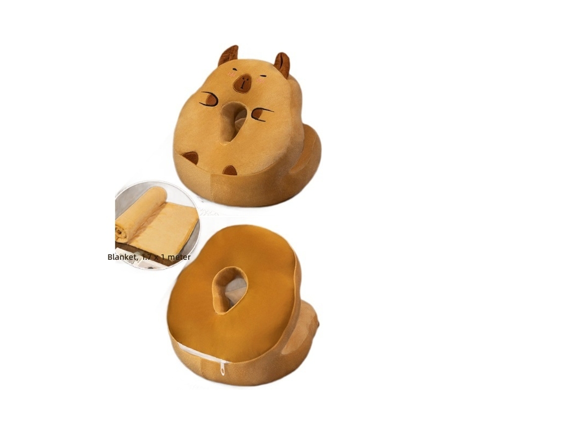 Almofada de Sesta Dupla Face em Pelúcia Capivara, Decoração Estilo Capivara com Ranho Marrom + Cobertor, Tecido Gelado CHABERLU