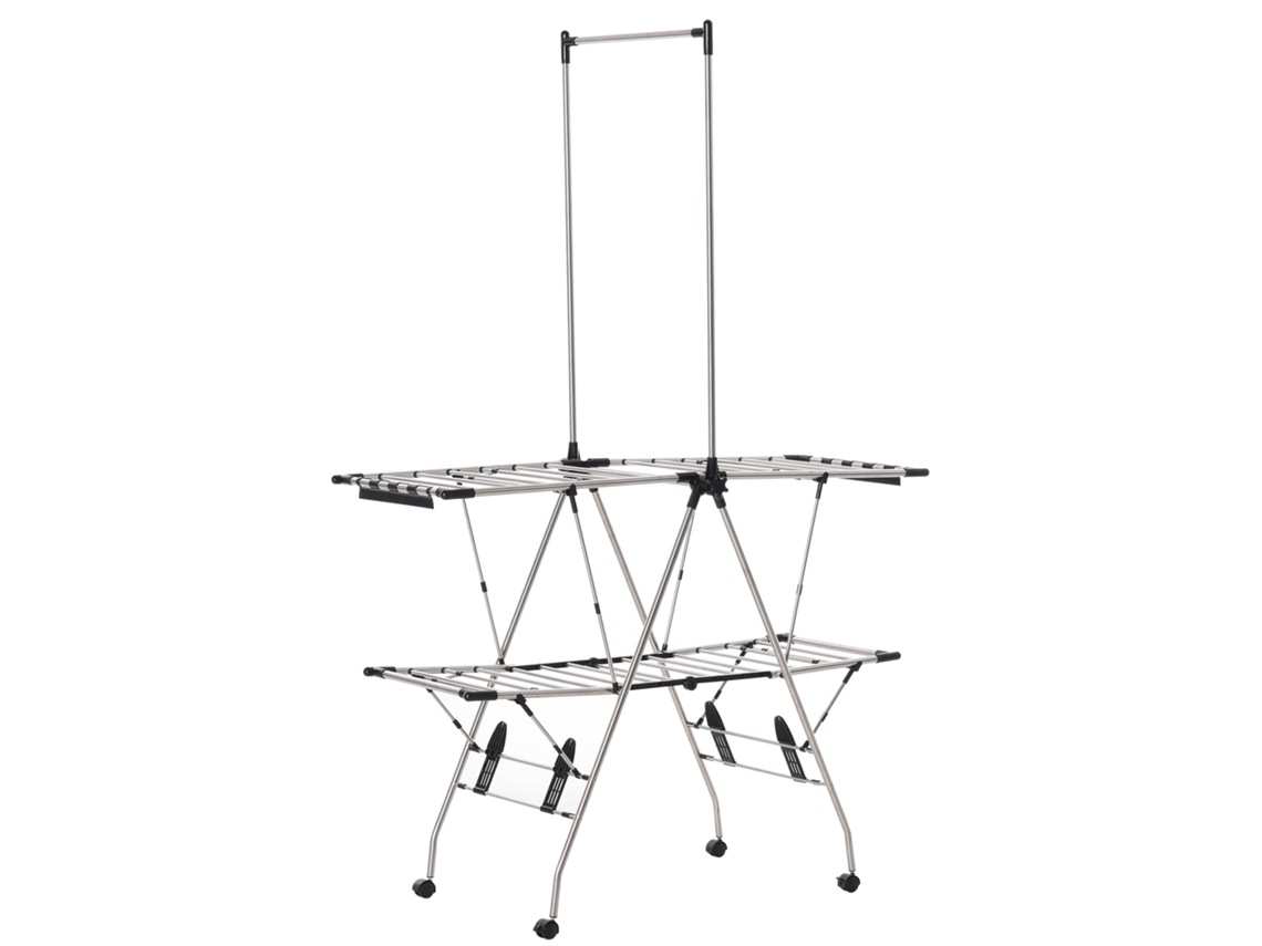 Estante Dobrável com Rodízios, Grande Espaço para Secagem, Aço Inoxidável,,, 138,5 X 63 X 208 Cm Prata Preto