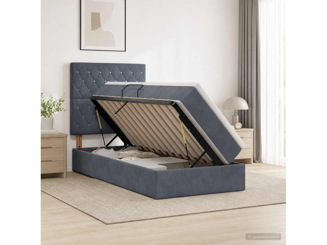 Vidaxl Cama Com Arrumação E Colchão Cinzento-escuro 90 X 190 Cm Veludo