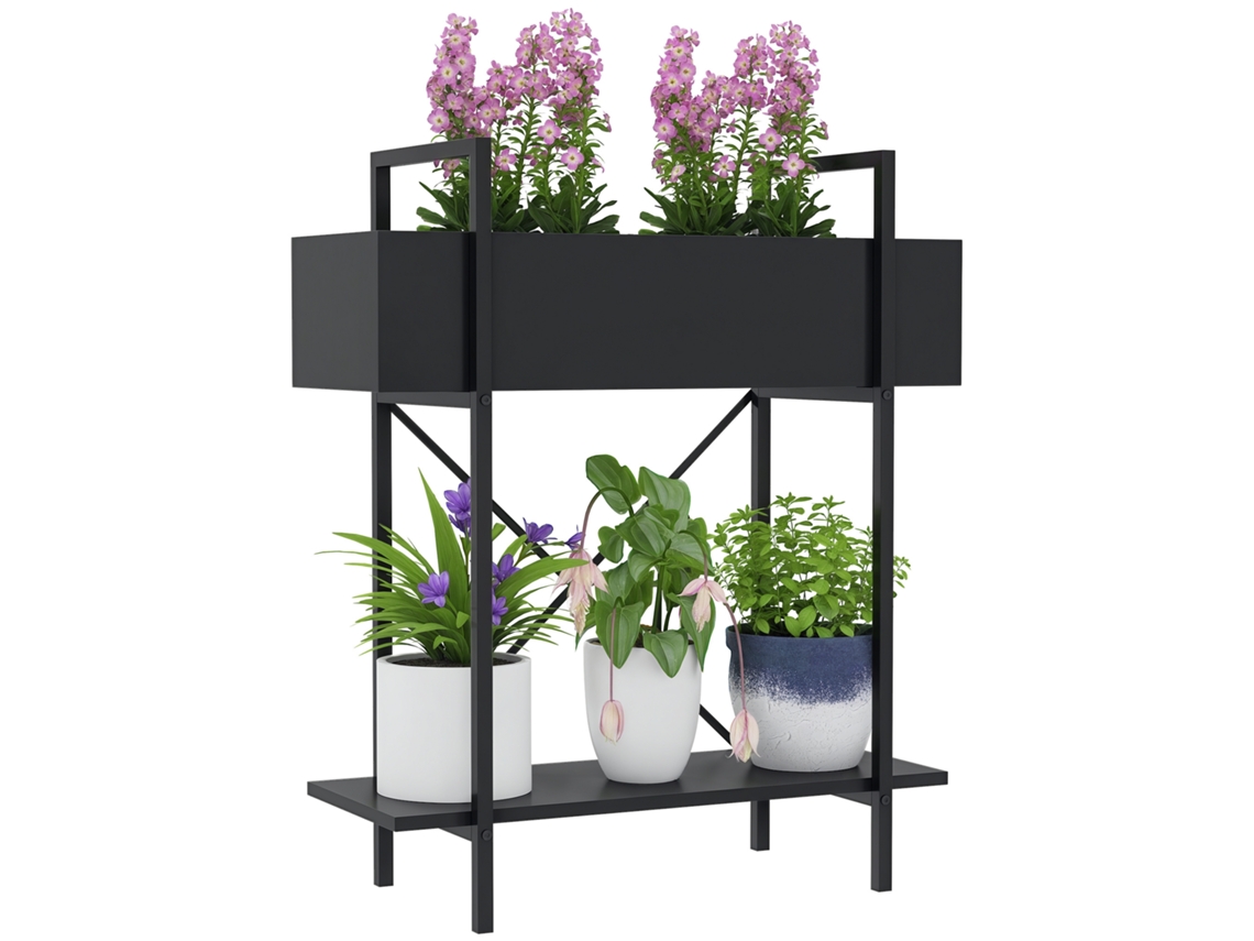 Suporte De Plantas 2 Níveis Metálico, Com Furos De Drenagem, Resistente, Interior E Exterior, Preto
