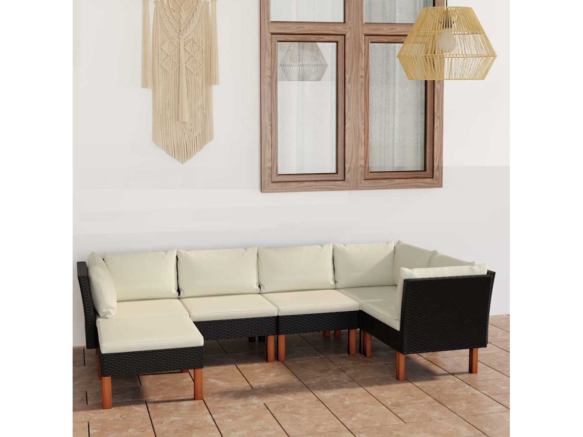 Vidaxl 6 Pcs Conjunto Lounge De Jardim C/ Almofadões Vime Pe Preto