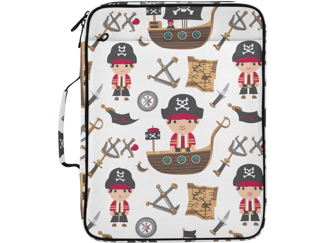 Pasta Expansível Branca Com 3 Argolas E 7 Bolsos, Tema Navios Piratas, Ideal Escola, Escritório E Viagens