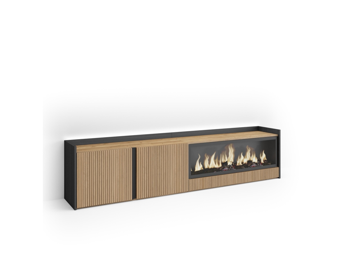 Móvel De Tv, 212x35x50cm, Para Televisores Até 80", Lareira Eléctrica Xxl, Led, Carvalho E Preto
