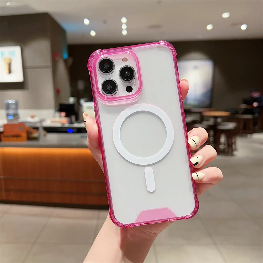 Capa Magsafe Com Carregamento Sem Fio Magnético Para Iphone (iphone 16, Rosa) Com Moldura Transparente Resistente A Impactos