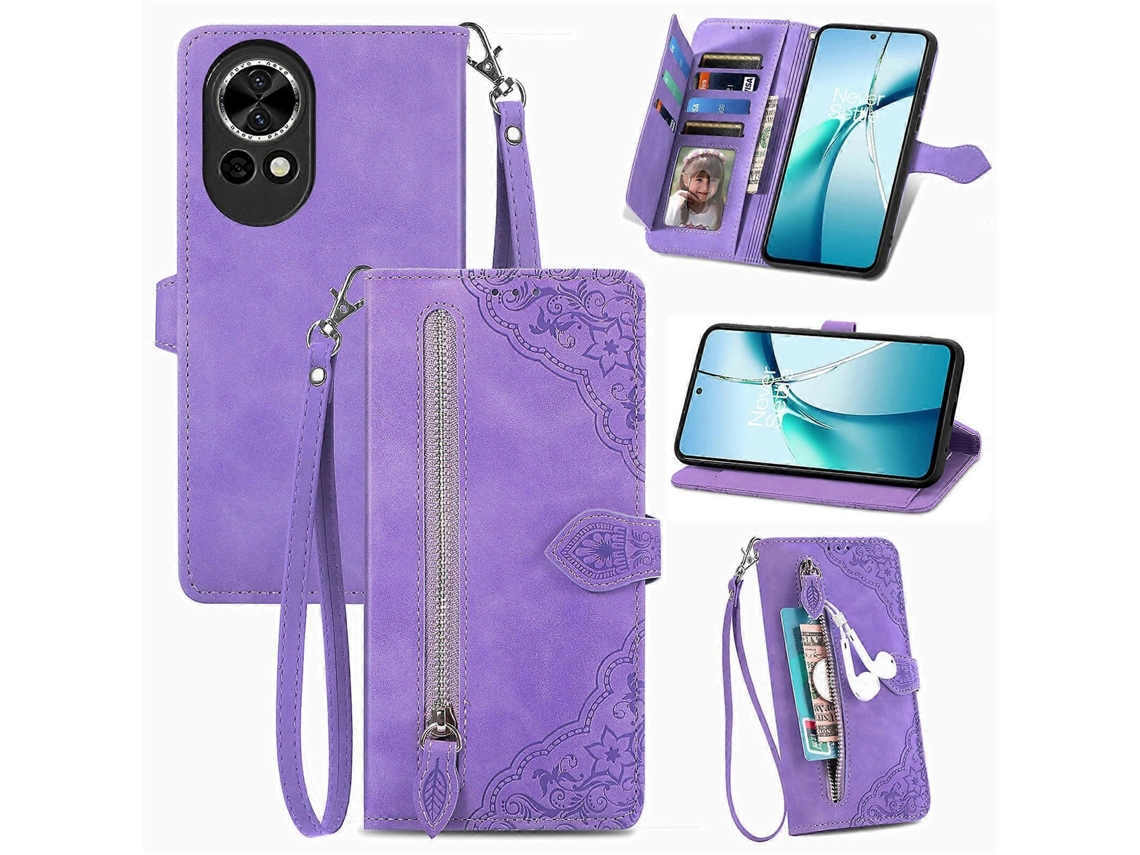 Capa De Couro Para Celular Com Zíper E Flor Em Relevo