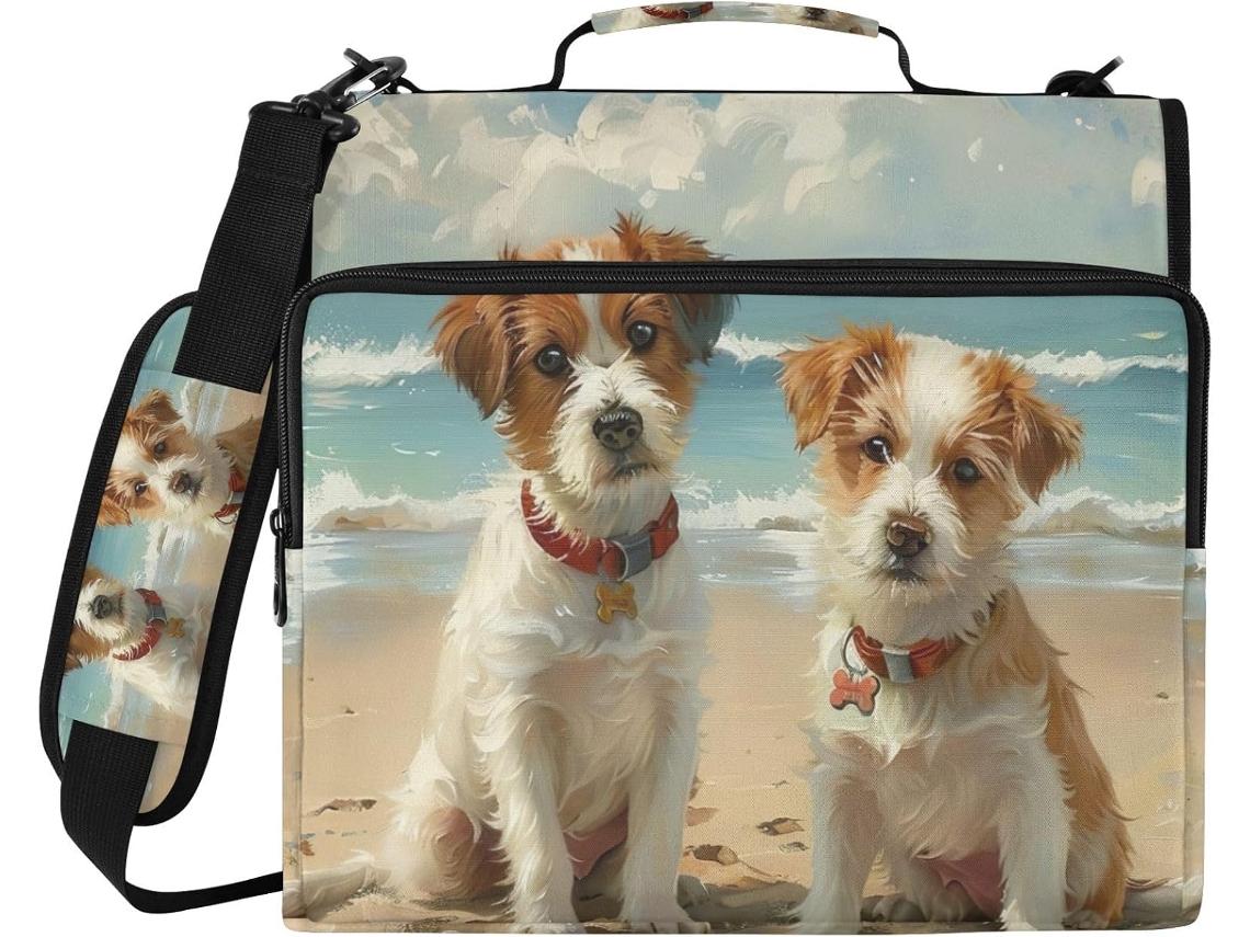 Pasta organizadora com estampa de cachorrinhos fofinhos com tema de praia, com compartimento para laptop, capa impermeável, pasta
