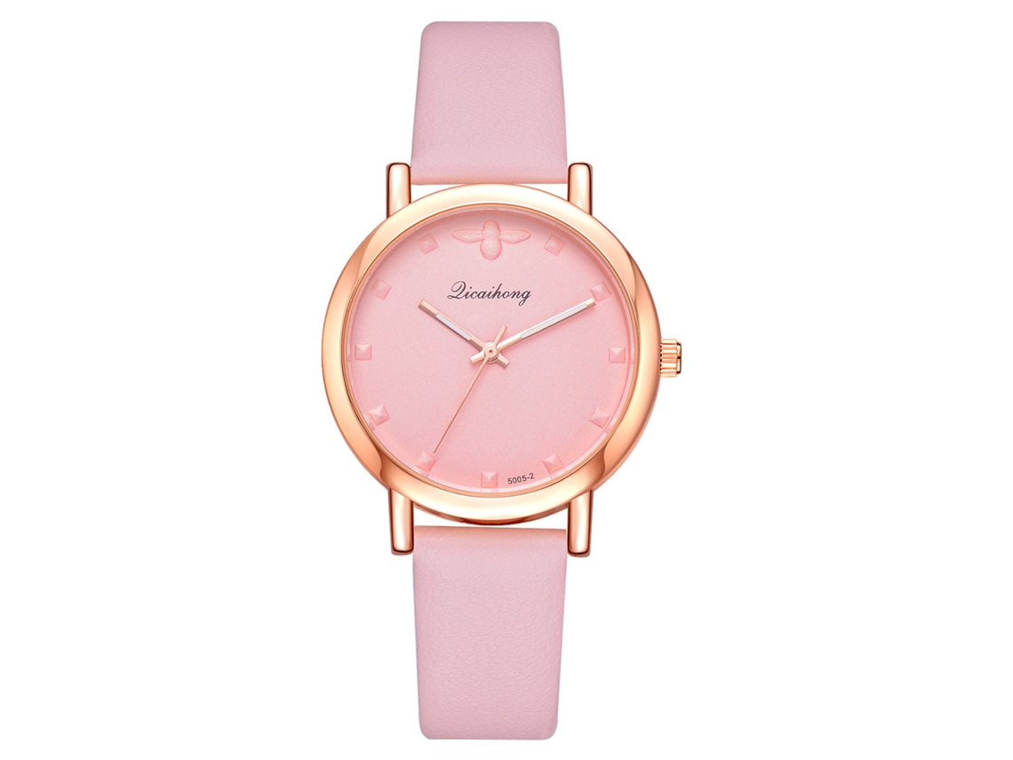 Relógio de Pulso Feminino Simples de Quartzo com Pulseira de Couro Pu Rosa