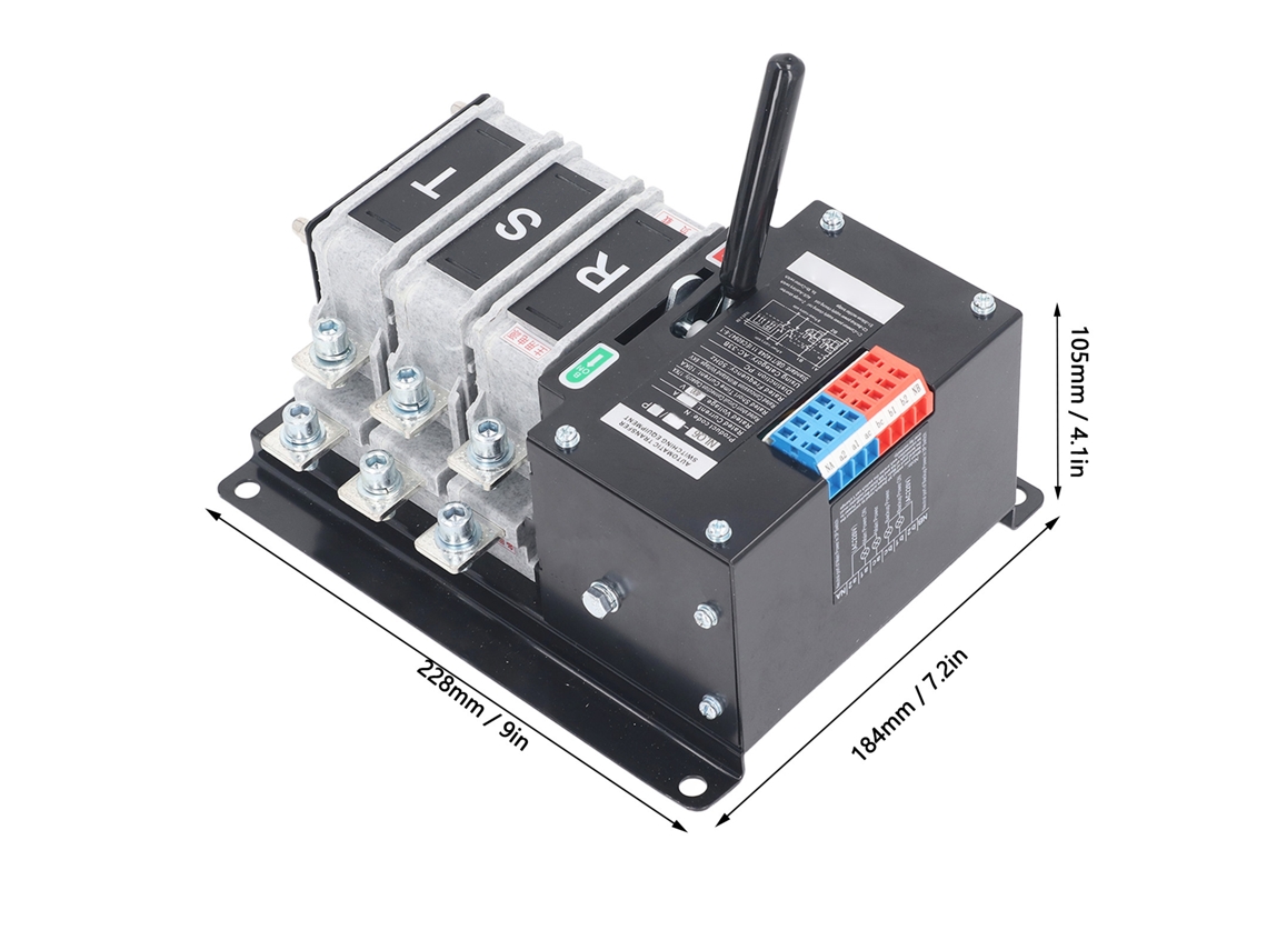Interruptor de transferência de energia dupla 3P, comutação em milissegundos, 100 A, 400 VCA, montagem por parafuso (manual/automático)