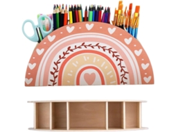 Organizador de mesa infantil Madeira com 5 compartimentos, porta-lápis macio e estojo reutilizável, ideal para crianças.