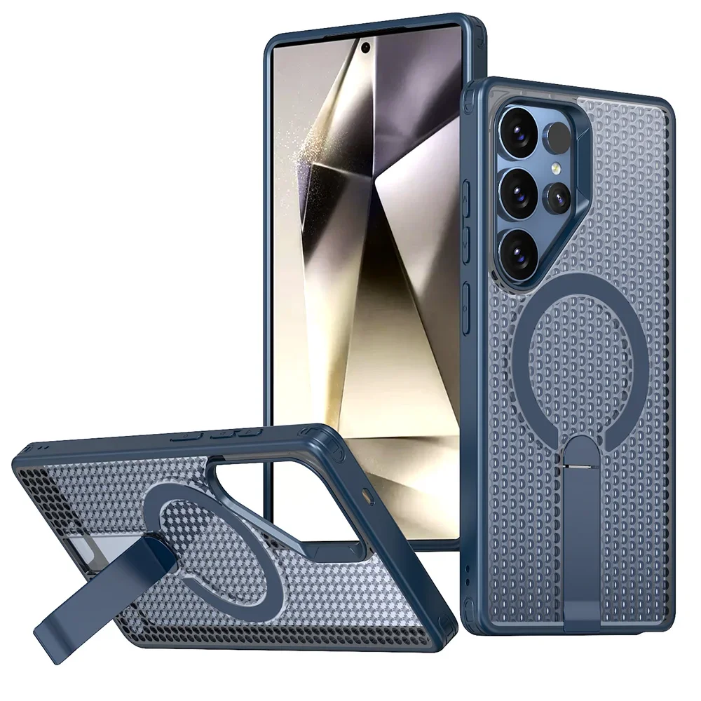 (azul Escuro, Galaxy S24) Capa De Celular Respirável Com Suporte Magnético E Tela Protetora De Malha Para Dissipação De Calor.